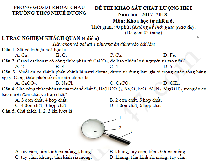 De thi ki 1 lop 6 mon Khoa hoc tu nhien 2017 - 2018 THCS Nhue Duong