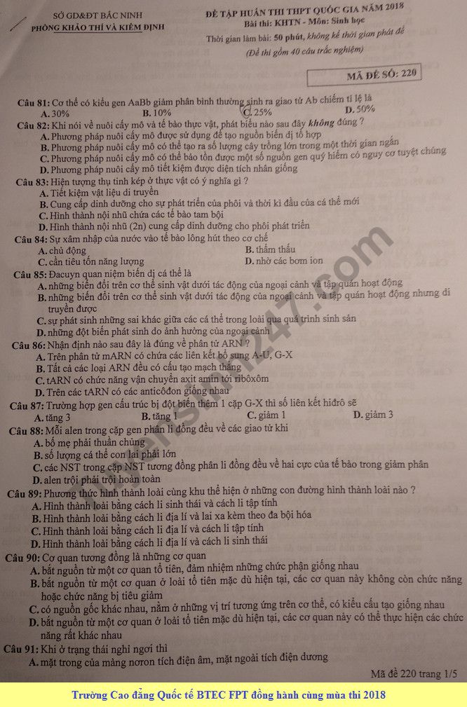 De thi thu THPTQG mon Sinh 2018 - So GD Bac Ninh