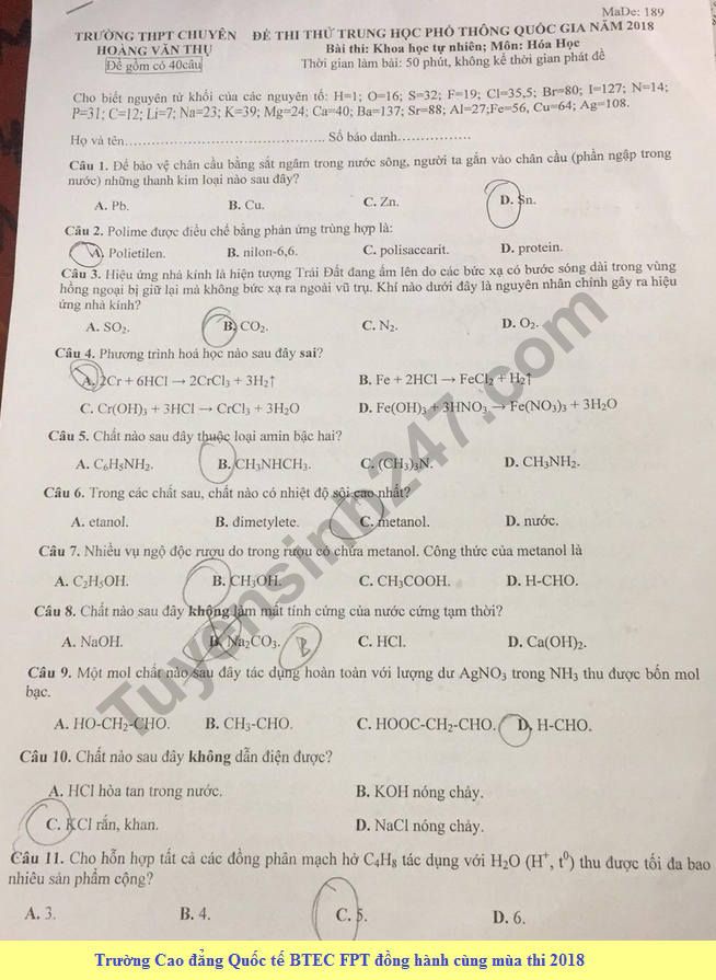 De thi thu THPTQG mon Hoa 2018 - Chuyen Hoang Van Thu