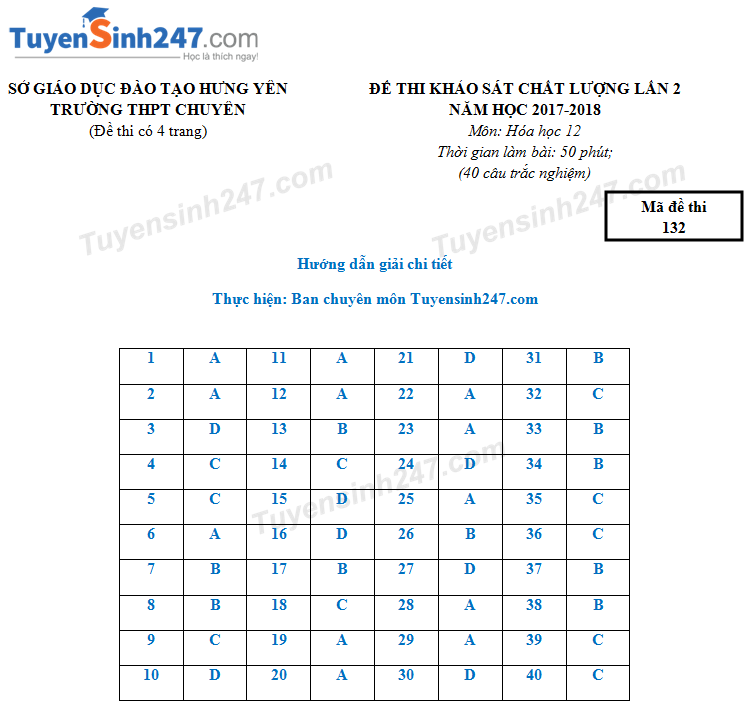 De thi thu THPTQG mon Hoa Chuyen Hung Yen 2018 Lan 2