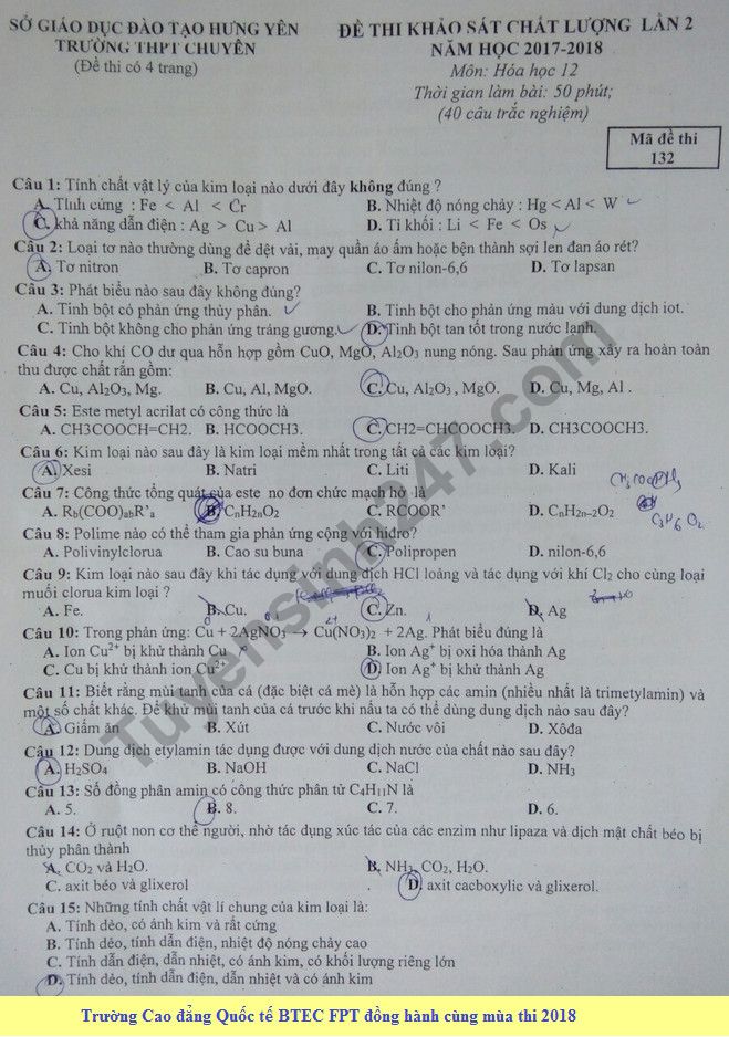 De thi thu THPTQG mon Hoa Chuyen Hung Yen 2018 Lan 2