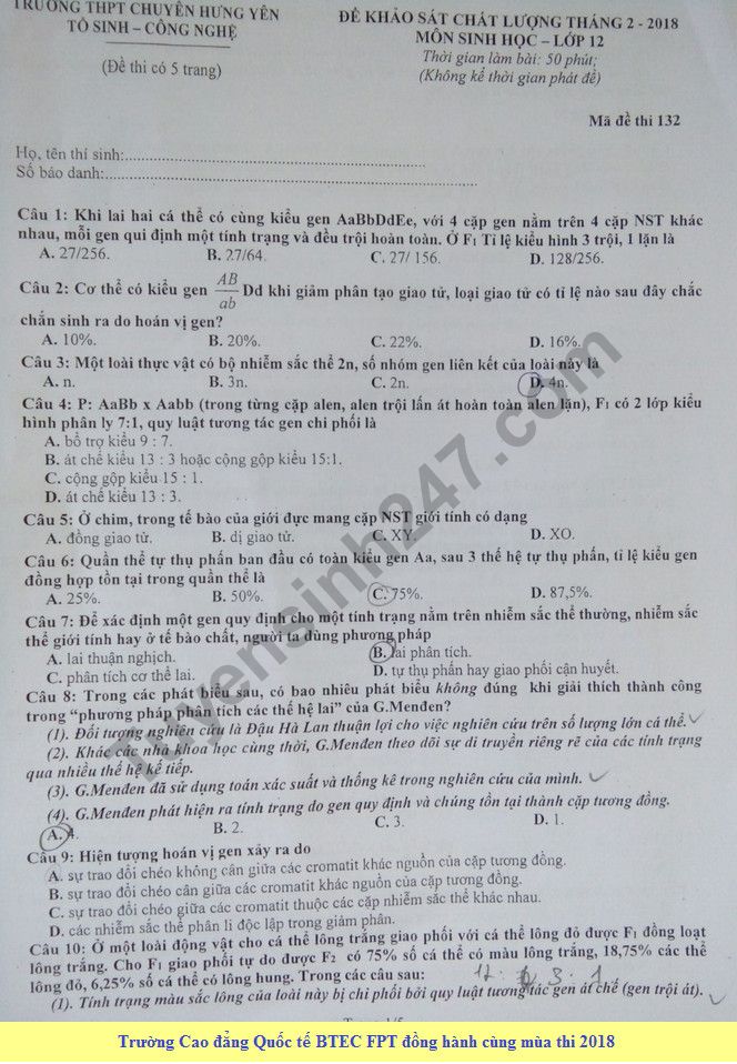 De thi thu THPT Quoc gia mon Sinh Chuyen Hung Yen 2018 lan 2