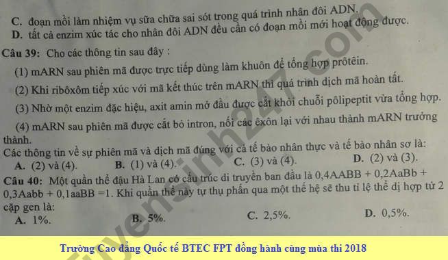 De thi thu THPTQG mon Sinh Chuyen Bien Hoa 2018 lan 1