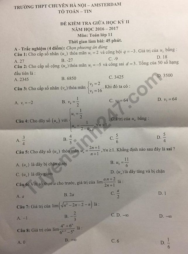 De thi giua ki 2 lop 11 mon Toan THPT Chuyen Amsterdam 2017
