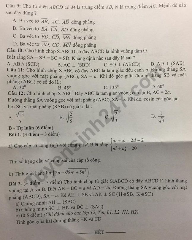 De thi giua ki 2 lop 11 mon Toan THPT Chuyen Amsterdam 2017