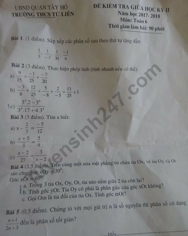 De thi giua ki 2 lop 6 mon Toan 2018 THCS Tu Lien