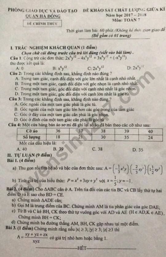 De thi giua ki 2 lop 7 mon Toan 2018 Phong GD Ha Dong