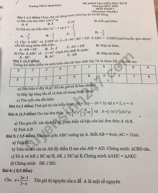 De thi giua hoc ki 2 lop 7 mon Toan 2018 THCS Minh Khai