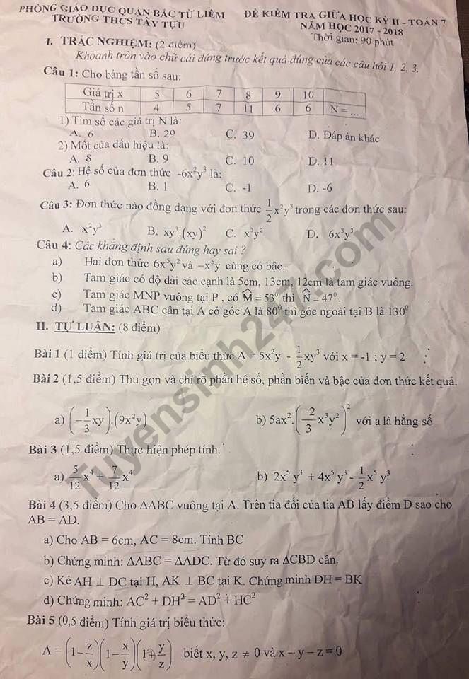 De kiem tra giua ki 2 lop 7 mon Toan THCS Tay Tuu 2018