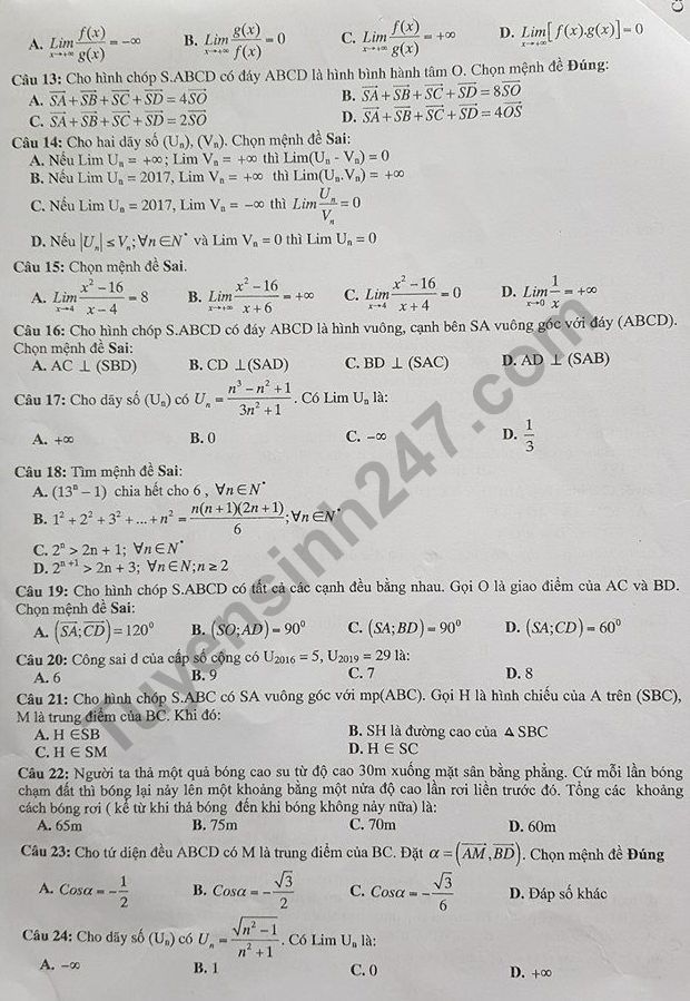 De thi giua ki 2 lop 11 mon Toan 2018 THPT Nhan Chinh