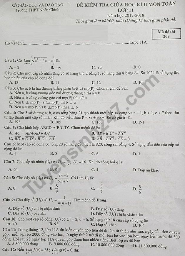 De thi giua ki 2 lop 11 mon Toan 2018 THPT Nhan Chinh