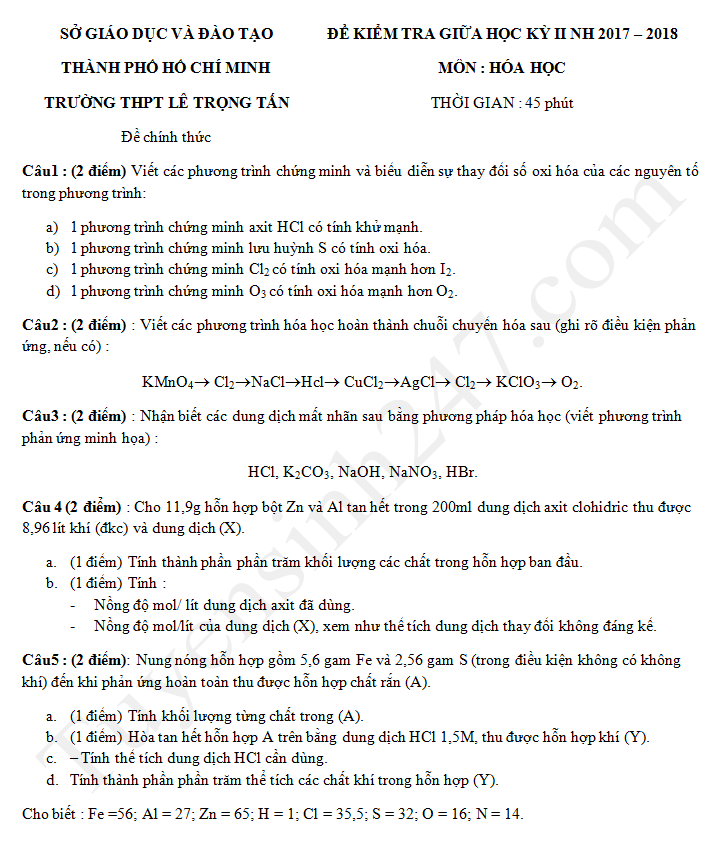 De thi giua ki 2 lop 10 mon Hoa 2018 - THPT Le Trong Tan
