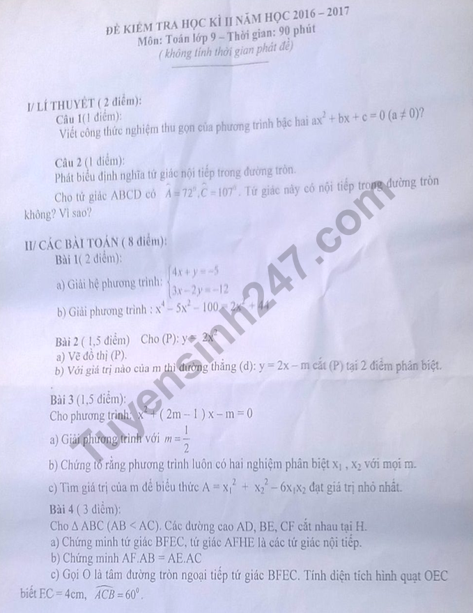 De thi ki 2 lop 9 mon Toan 2017 - Tay Ninh