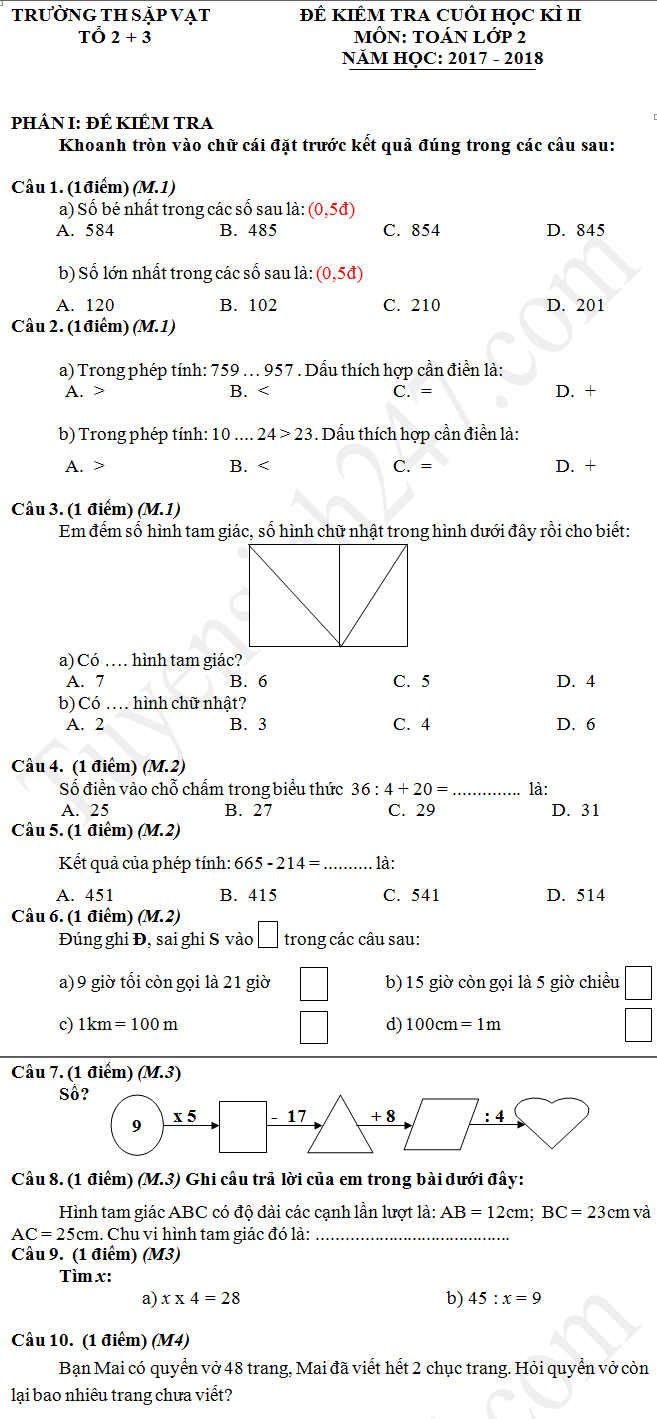 De thi cuoi ki 2 lop 2 mon Toan TH Sap Vat 2018