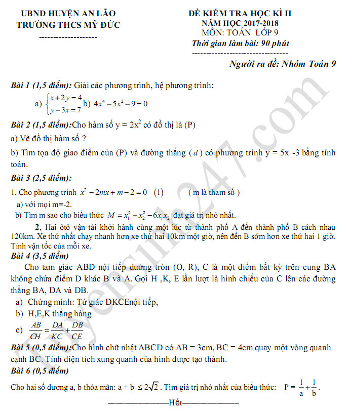 De thi ki 2 lop 9 mon Toan 2018 - THCS My Duc