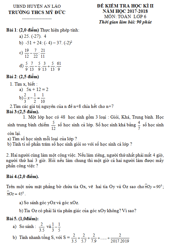 De thi ki 2 lop 6 mon Toan 2018 - THCS My Duc