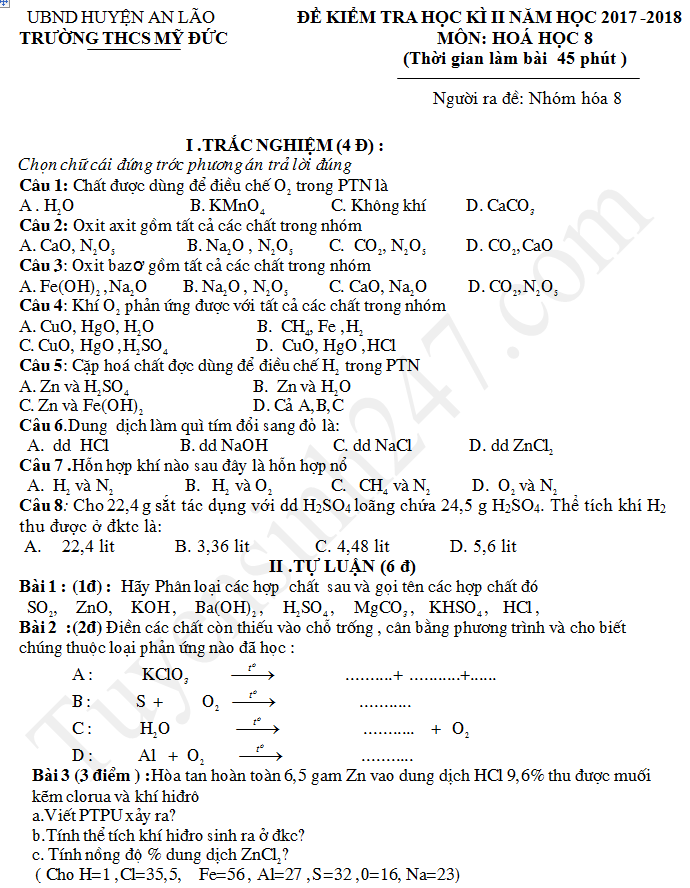De thi ki 2 lop 8 mon Hoa 2018 - THCS My Duc