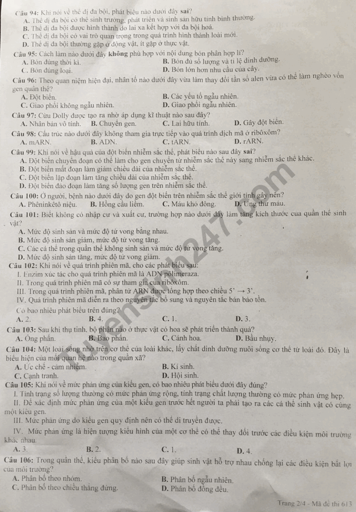 De thi hoc ki 2 lop 12 mon Sinh 2018 - So GD Nam Dinh