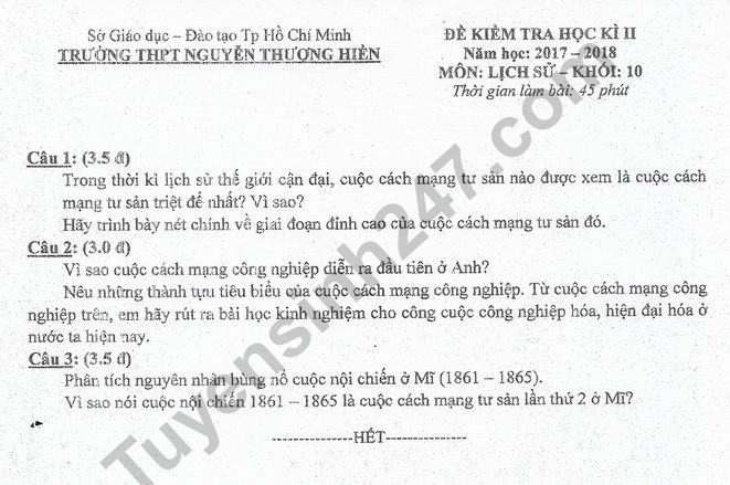 De thi hoc ki 2 lop 10 mon Su 2018 - THPT Nguyen Thuong Hien