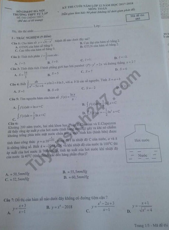 De thi ki 2 lop 12 mon Toan 2018 - THPT Tu Lap
