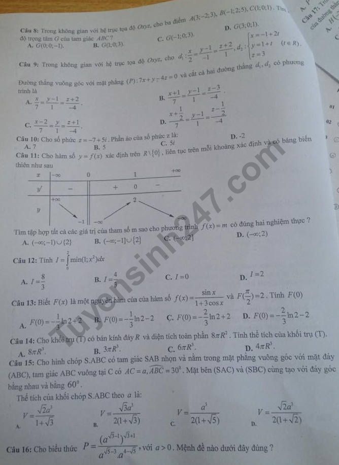 De thi ki 2 lop 12 mon Toan 2018 - THPT Tu Lap