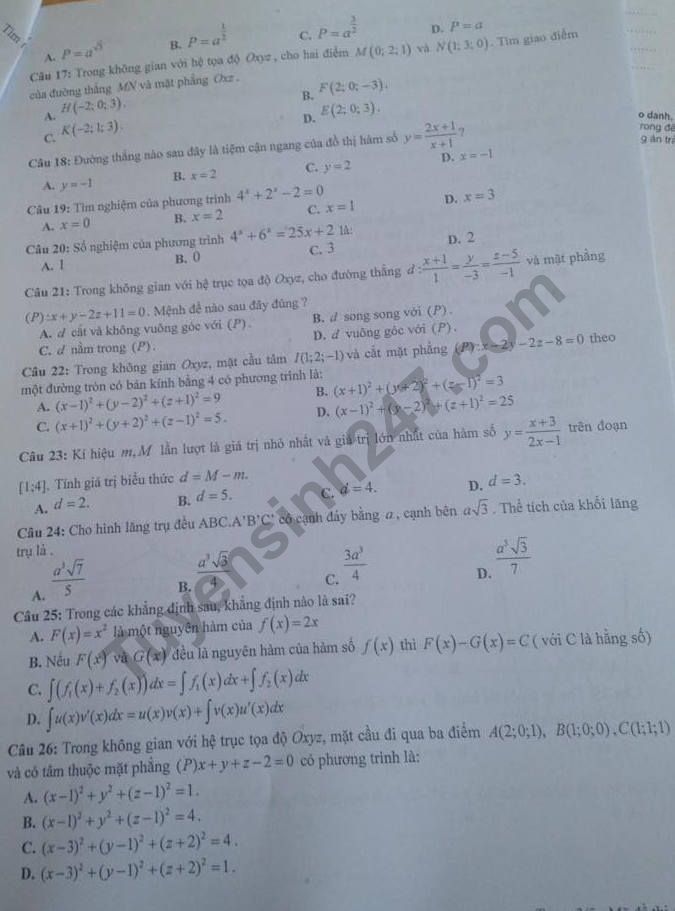 De thi ki 2 lop 12 mon Toan 2018 - THPT Tu Lap