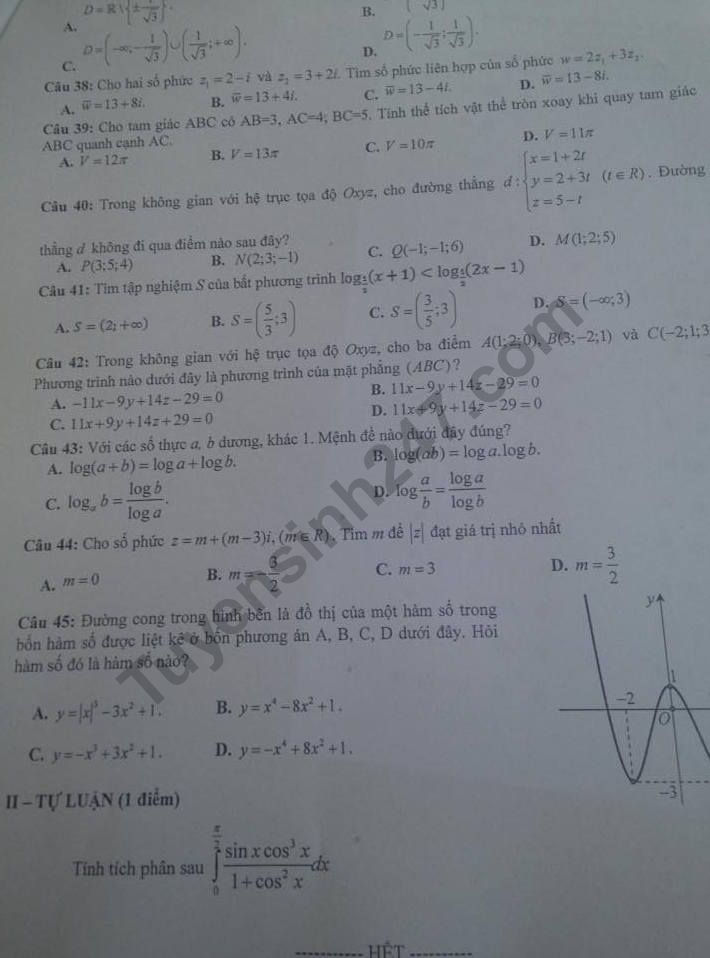 De thi ki 2 lop 12 mon Toan 2018 - THPT Tu Lap