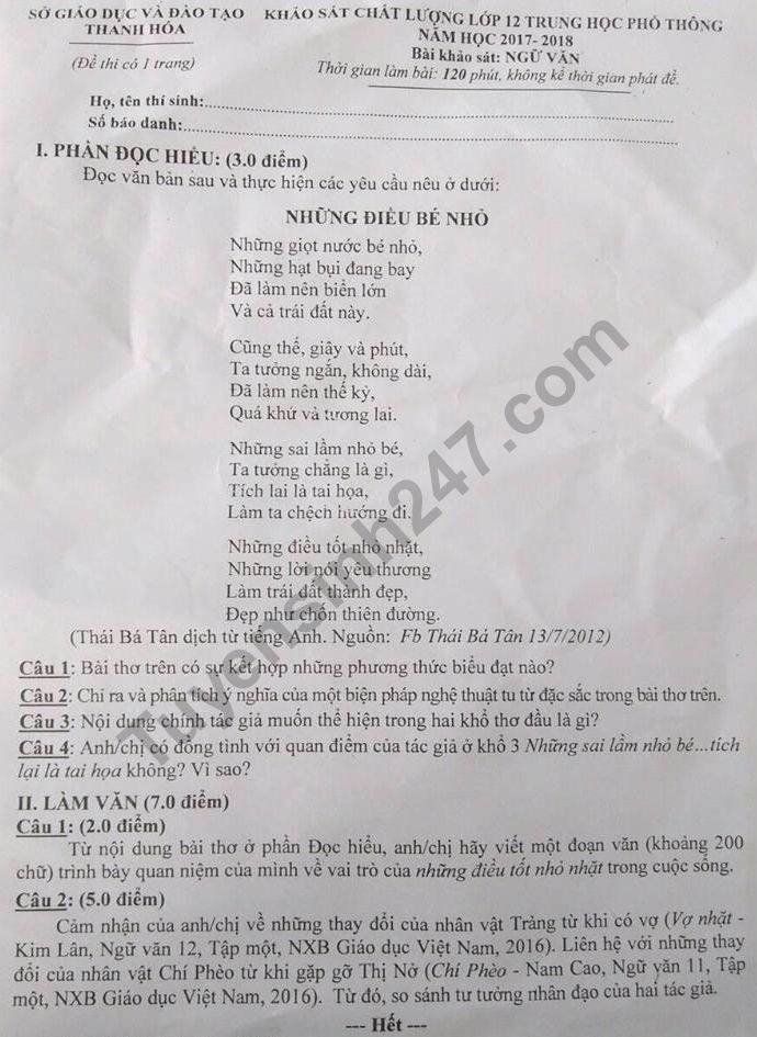 De thi ki 2 lop 12 mon Van 2018 - So GD Thanh Hoa