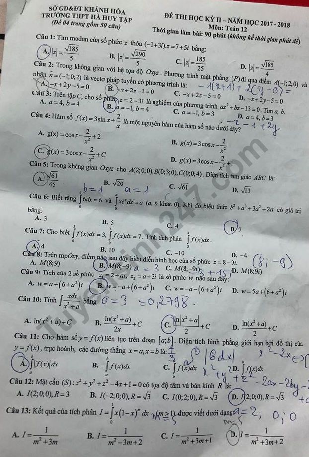 De thi ki 2 lop 12 mon Toan 2018 - THPT Ha Huy Tap