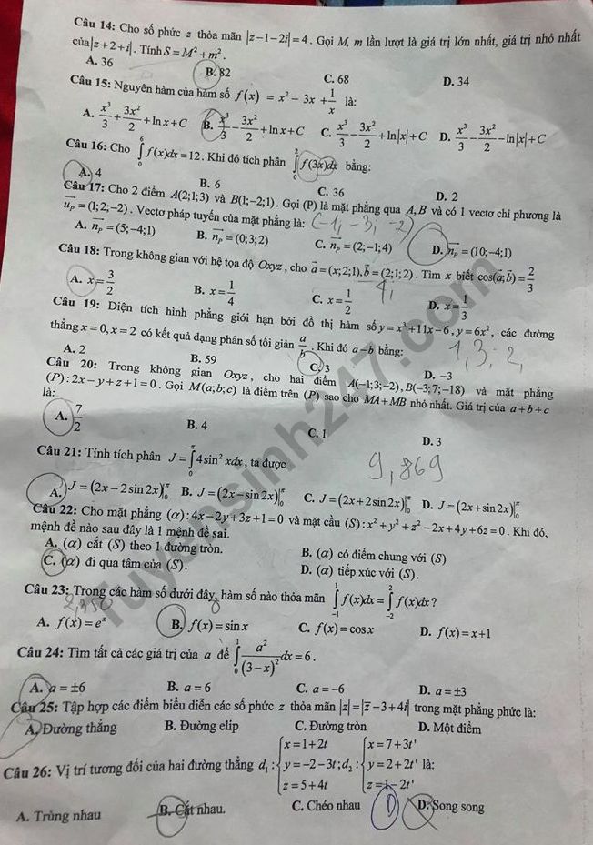 De thi ki 2 lop 12 mon Toan 2018 - THPT Ha Huy Tap