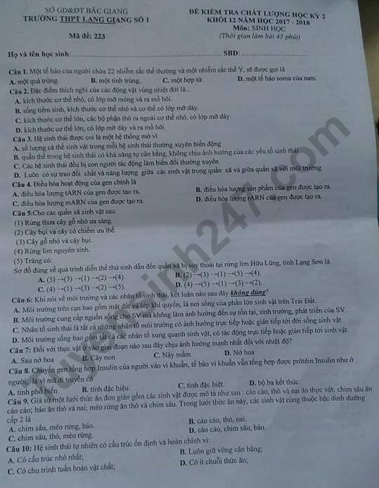 De thi ki 2 lop 12 mon Sinh 2018 - THPT Lang Giang so 1