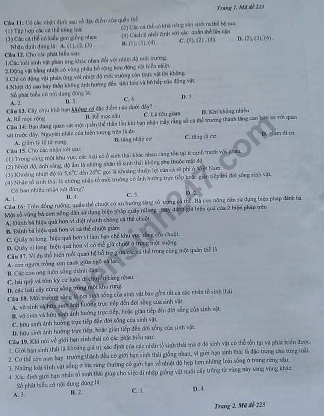 De thi ki 2 lop 12 mon Sinh 2018 - THPT Lang Giang so 1