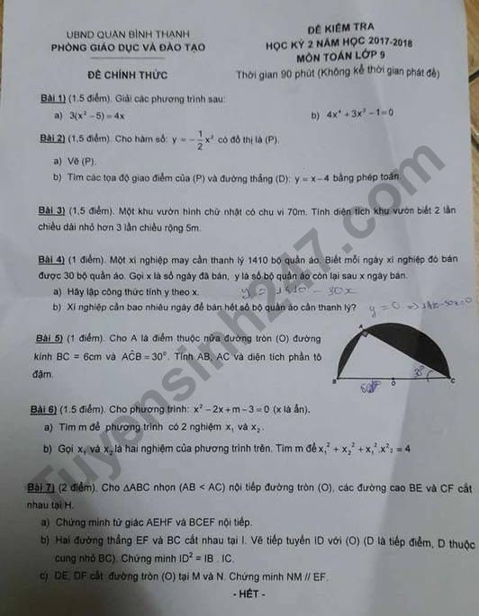 De thi ki 2 lop 9 mon Toan 2018 - Quan Binh Thanh