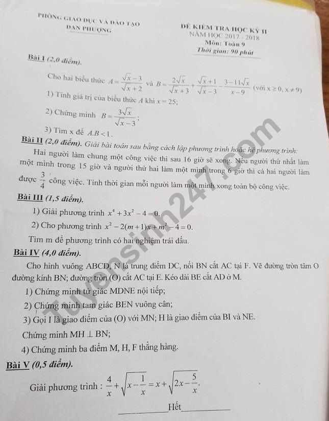De thi ki 2 lop 9 mon Toan nam 2018 - Dan Phuong