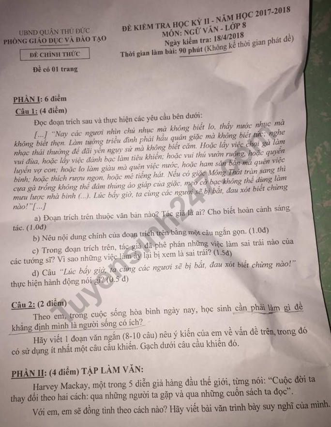 De thi ki 2 lop 8 mon Van 2018 - Quan Thu Duc