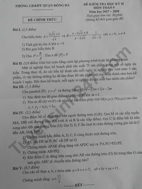 De thi ki 2 lop 9 mon Toan 2018 - Quan Dong Da