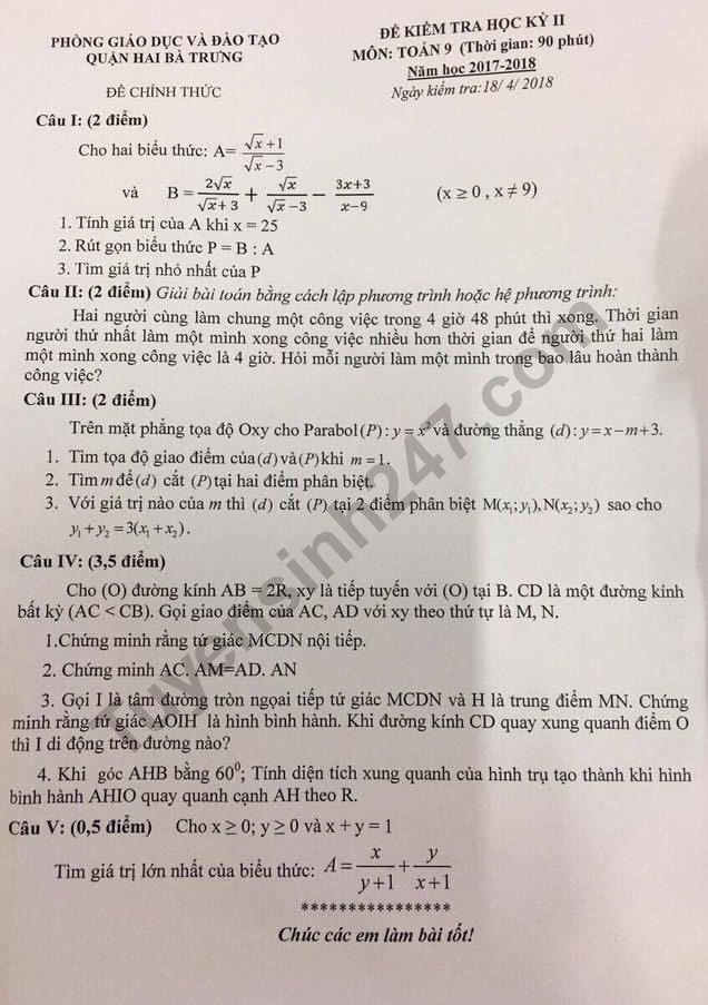 De thi ki 2 lop 9 mon Toan - Quan Hai Ba Trung 2018
