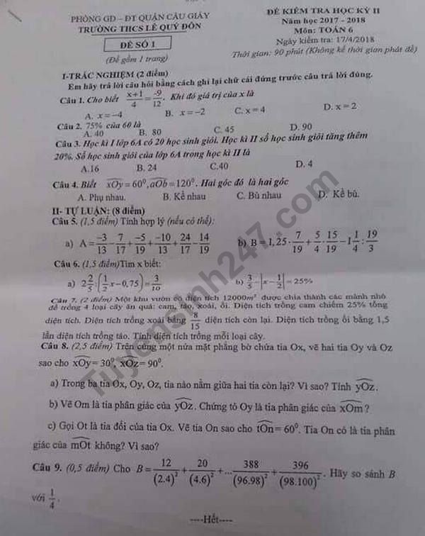 De thi ki 2 lop 6 mon Toan 2018 - THCS Le Quy Don
