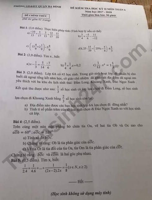 De thi ki 2 lop 6 mon Toan 2018 - Quan Ba Dinh