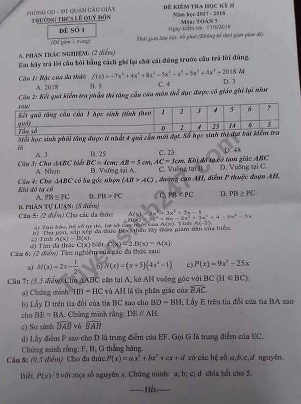 De thi ki 2 lop 7 mon Toan 2018 - THCS Le Quy Don