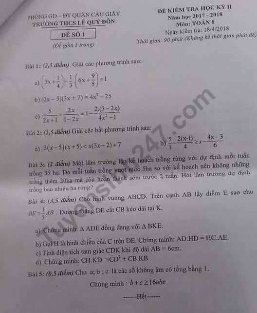 De thi ki 2 lop 8 mon Toan 2018 - THCS Le Quy Don