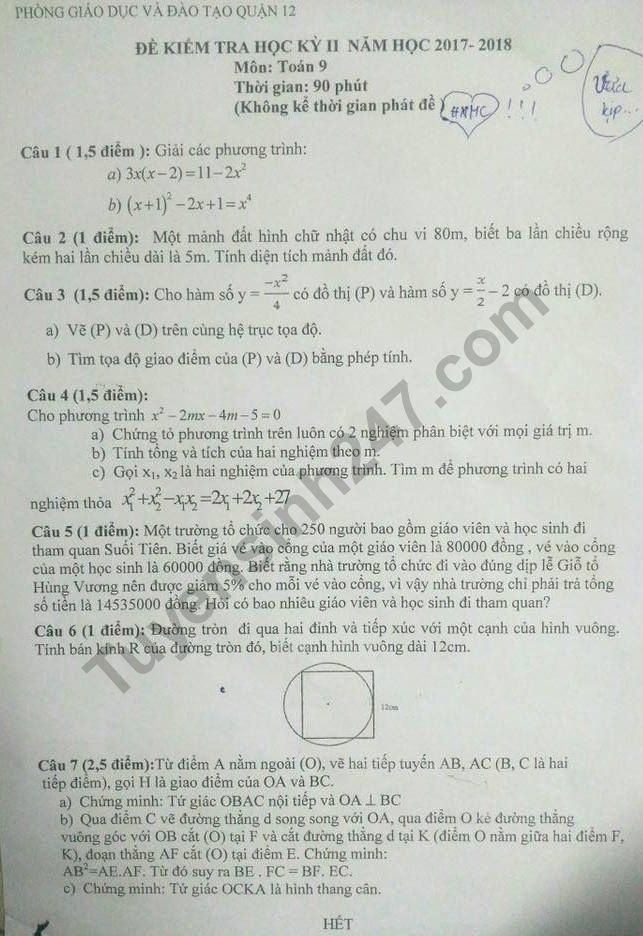 De thi hoc ki 2 lop 9 mon Toan 2018 - Quan 12