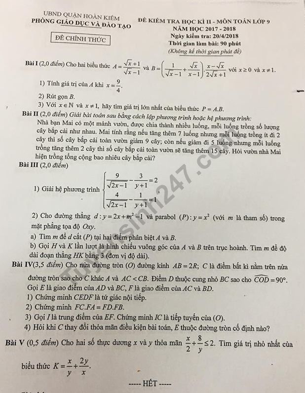 De thi ki 2 lop 9 mon Toan - Quan Hoan Kiem 2018