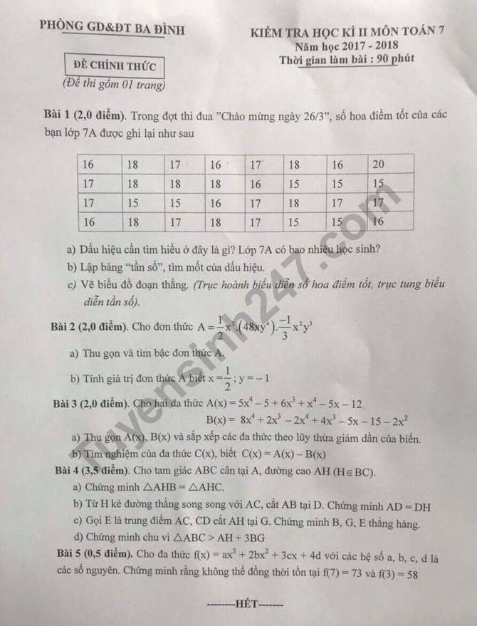 De thi ki 2 lop 7 mon Toan quan Ba Dinh 2018