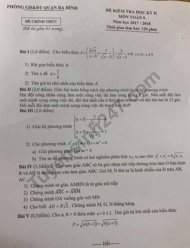 De thi ki 2 mon Toan lop 9 nam 2018 - Quan Ba Dinh