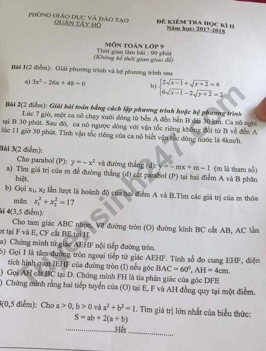 De thi ki 2 lop 9 mon Toan nam 2018 - Quan Tay Ho