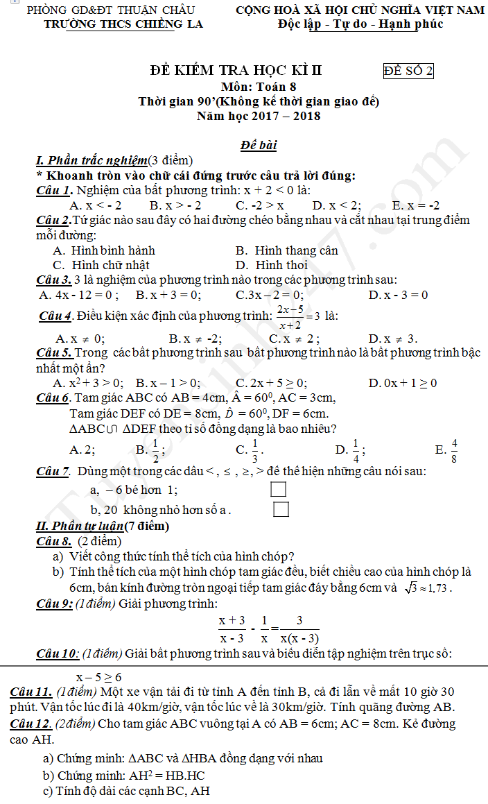 De thi ki 2 lop 8 mon Toan 2018 - THCS Chieng La