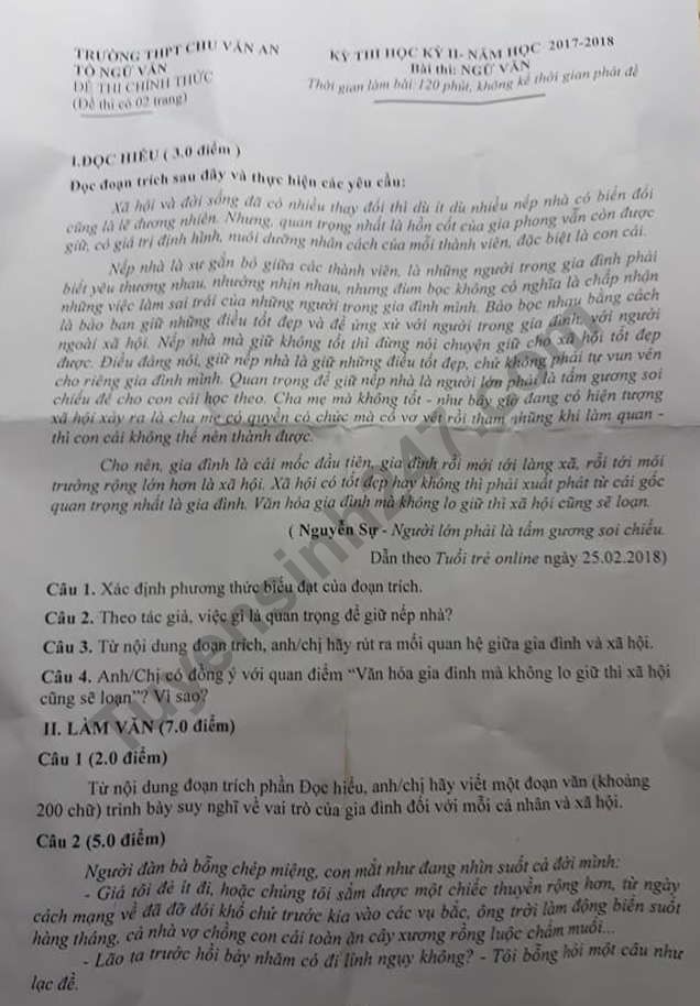 De thi ki 2 lop 12 mon Van 2018 - THPT Chu Van An