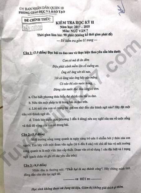 De thi hoc ki 2 lop 7 mon Van 2018 - Quan 10