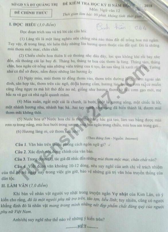 De thi hoc ki 2 mon Van lop 12 - So GD Quang Tri 2018